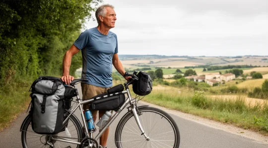 Cycliste européen en pause près de son vélo de voyage chargé de sacoches sur route de campagne française