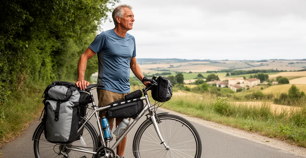 Cycliste européen en pause près de son vélo de voyage chargé de sacoches sur route de campagne française