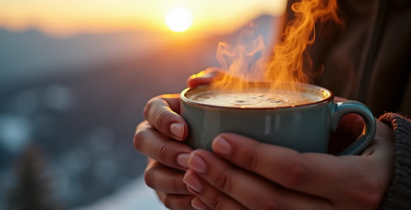 Personne assise contemplant un paysage de montagne au lever du soleil