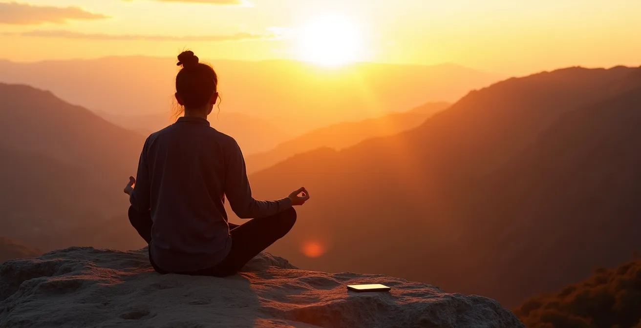 Personne en contemplation face à un paysage, son téléphone posé à côté, symbolisant la déconnexion choisie.