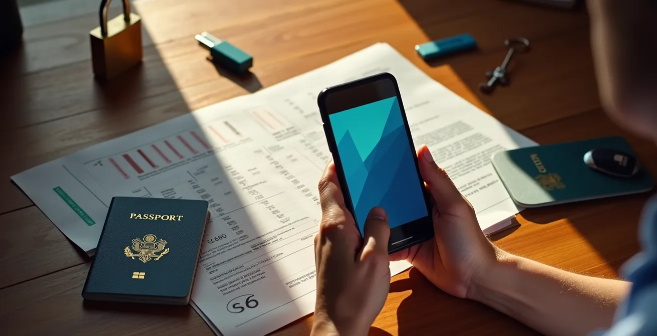 Personne scannant ses documents de voyage avec un smartphone pour les stocker en ligne