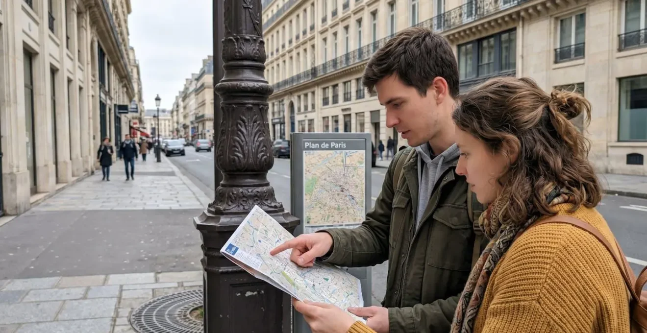 Un couple de touristes consulte une carte papier sur un trottoir parisien, façades haussmanniennes en arrière-plan