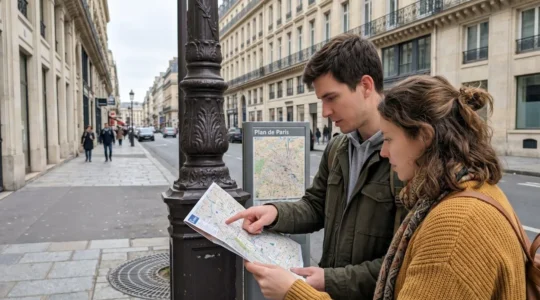 Un couple de touristes consulte une carte papier sur un trottoir parisien, façades haussmanniennes en arrière-plan
