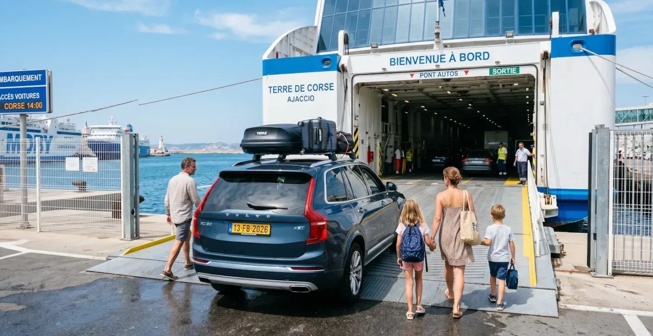 Une famille de quatre personnes vue de dos embarque sur un ferry moderne avec leur voiture, valises visibles sur le toit, ambiance lumineuse de départ en vacances sur un quai d'embarquement contemporain