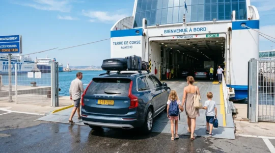 Une famille de quatre personnes vue de dos embarque sur un ferry moderne avec leur voiture, valises visibles sur le toit, ambiance lumineuse de départ en vacances sur un quai d'embarquement contemporain