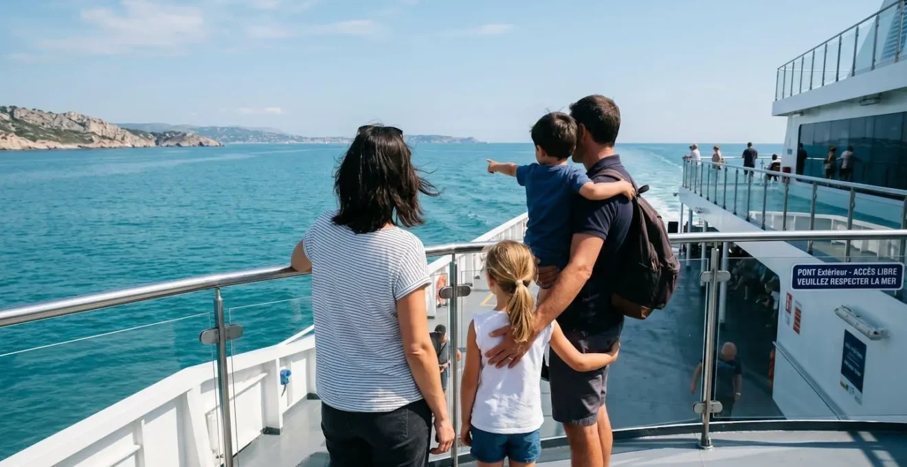 Une famille de quatre personnes vue de dos regarde ensemble la mer Méditerranée depuis le pont d'un ferry moderne par une journée ensoleillée
