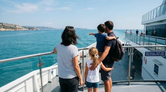Une famille de quatre personnes vue de dos regarde ensemble la mer Méditerranée depuis le pont d'un ferry moderne par une journée ensoleillée