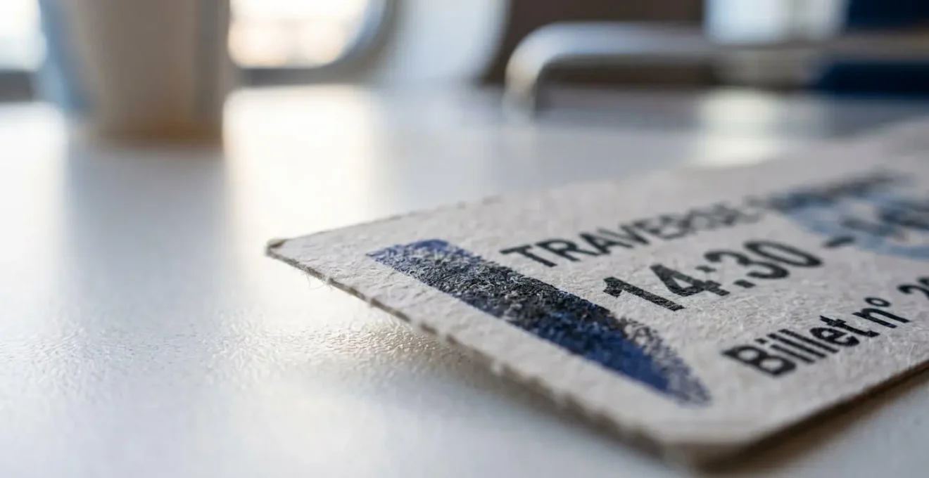 Gros plan sur un billet de ferry posé sur un bureau moderne, avec détails de réservation visibles mais flous, mise au point sélective, arrière-plan doux