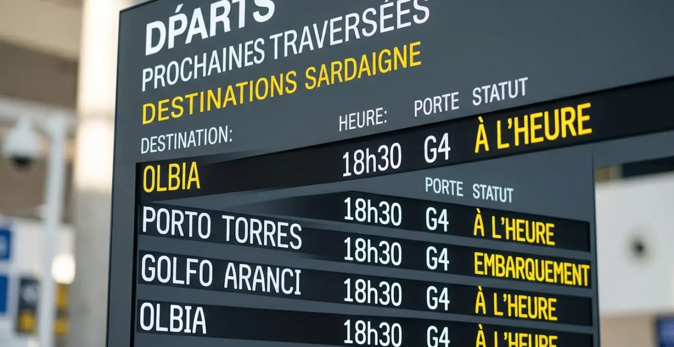 Gros plan sur un tableau d'affichage d'horaires de ferry avec les destinations Porto Torres et Golfo Aranci bien visibles, arrière-plan flouté