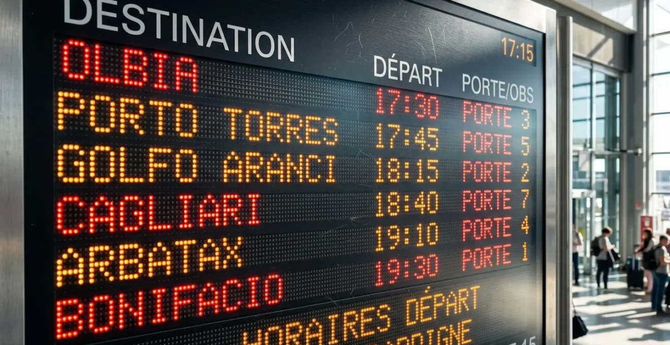 Gros plan sur un tableau d'affichage d'horaires de ferry avec les destinations Porto Torres et Golfo Aranci bien visibles, arrière-plan flouté