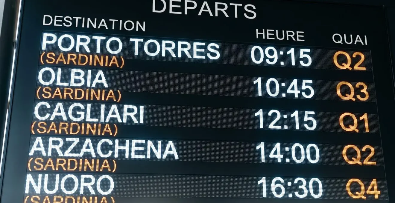 Gros plan sur un tableau d'affichage d'horaires de ferry avec les destinations Porto Torres et Golfo Aranci bien visibles, arrière-plan flouté
