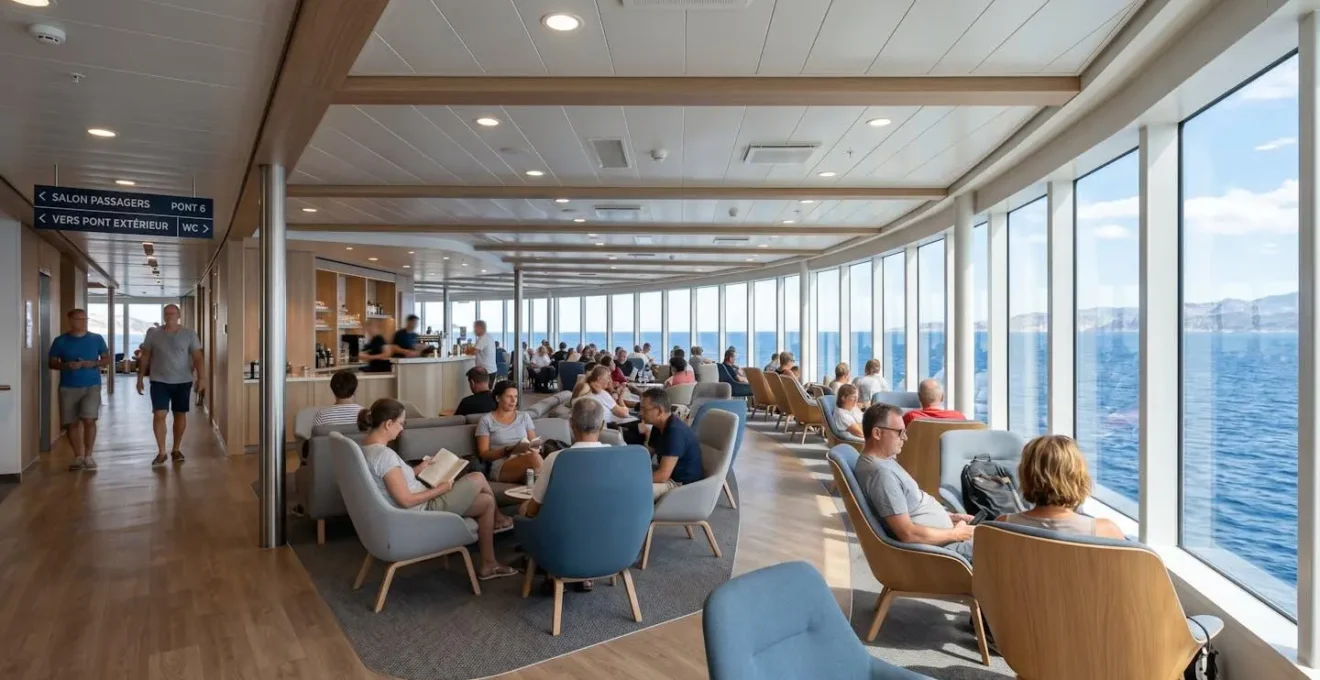 Intérieur spacieux d'un ferry moderne montrant un salon passagers avec fauteuils confortables, grandes fenêtres donnant sur la mer, lumière naturelle abondante, design contemporain propre