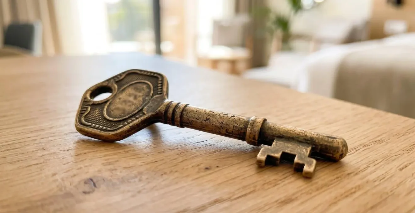 Gros plan sur une clé d'hôtel vintage en bronze posée sur une surface en bois moderne