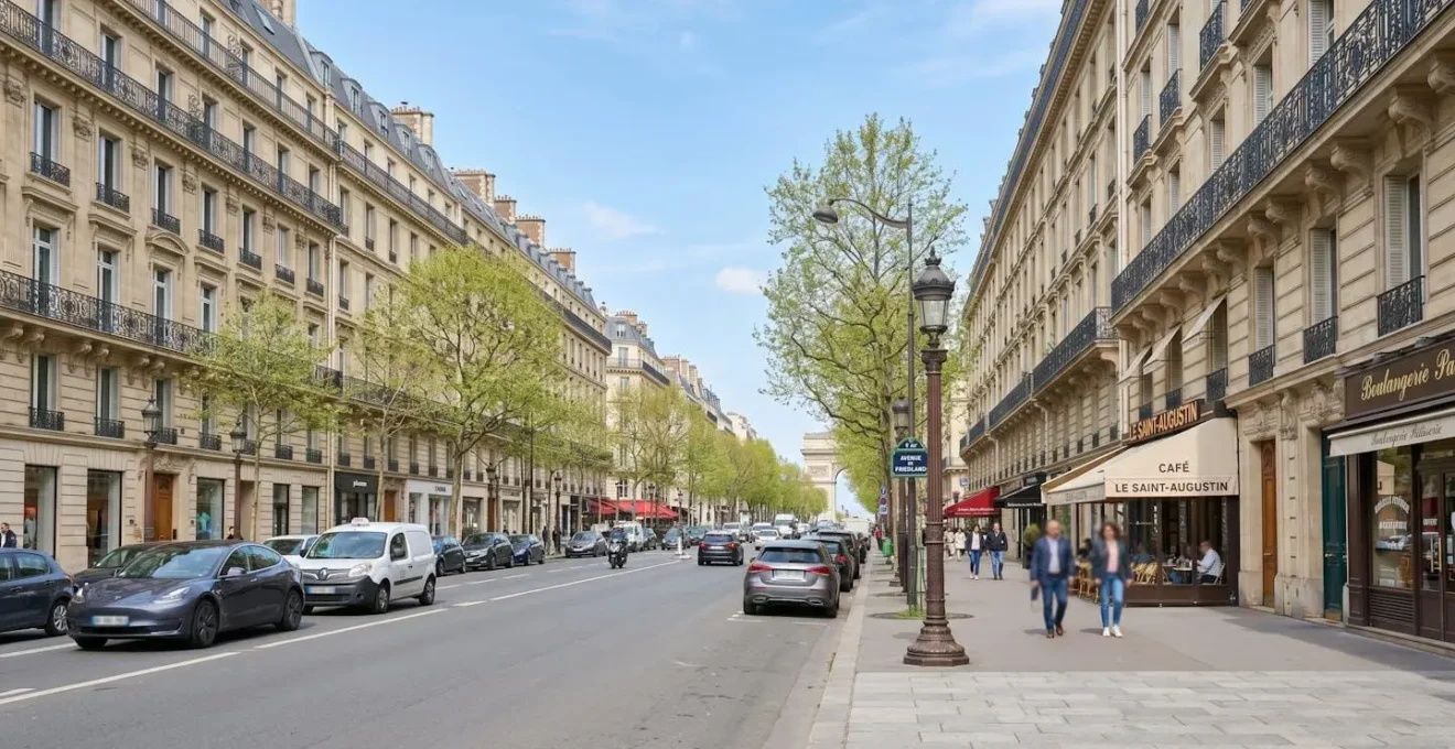 Une rue parisienne typique du 8e arrondissement avec ses façades haussmanniennes élégantes et ses trottoirs larges