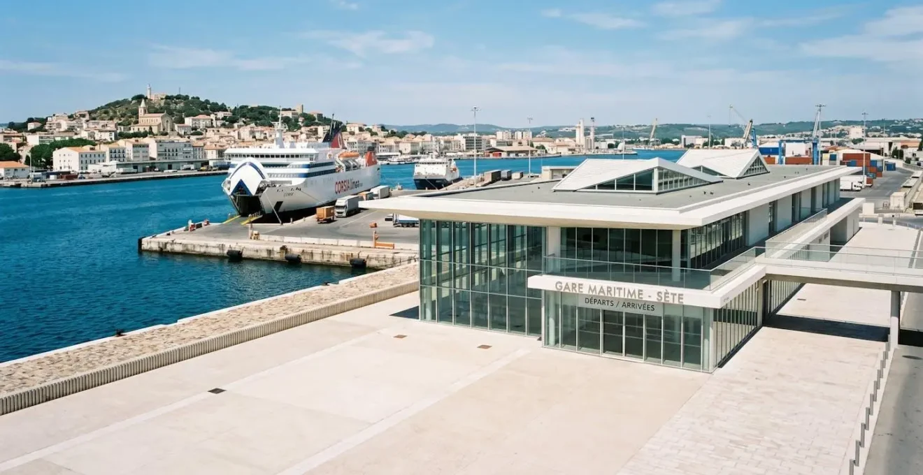Vue large d'un terminal maritime français contemporain avec zone d'embarquement pour ferries et architecture moderne, lumière naturelle abondante