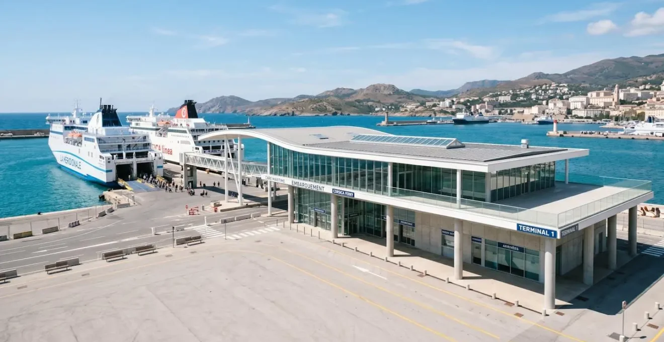 Vue large d'un terminal maritime français contemporain avec zone d'embarquement pour ferries et architecture moderne, lumière naturelle abondante
