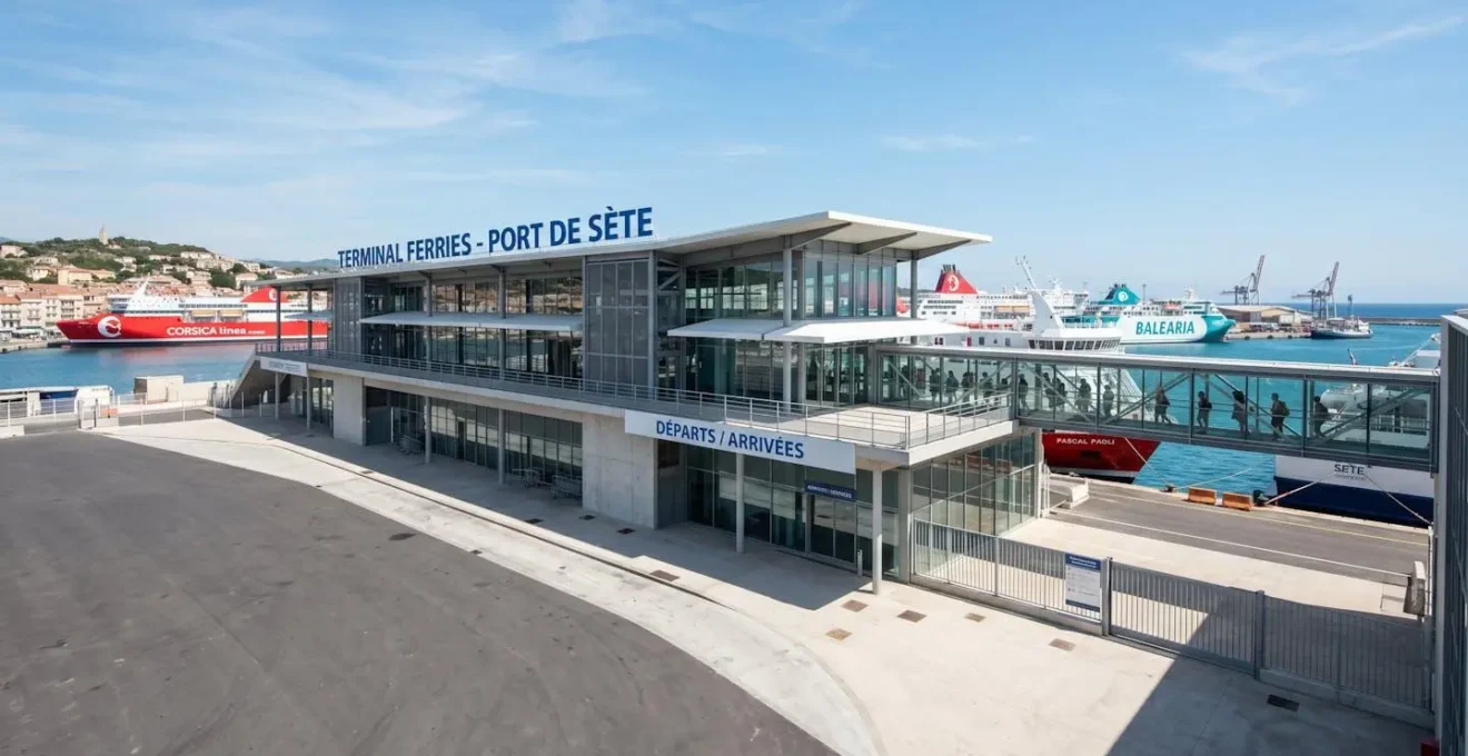 Vue large d'un terminal maritime français contemporain avec zone d'embarquement pour ferries et architecture moderne, lumière naturelle abondante