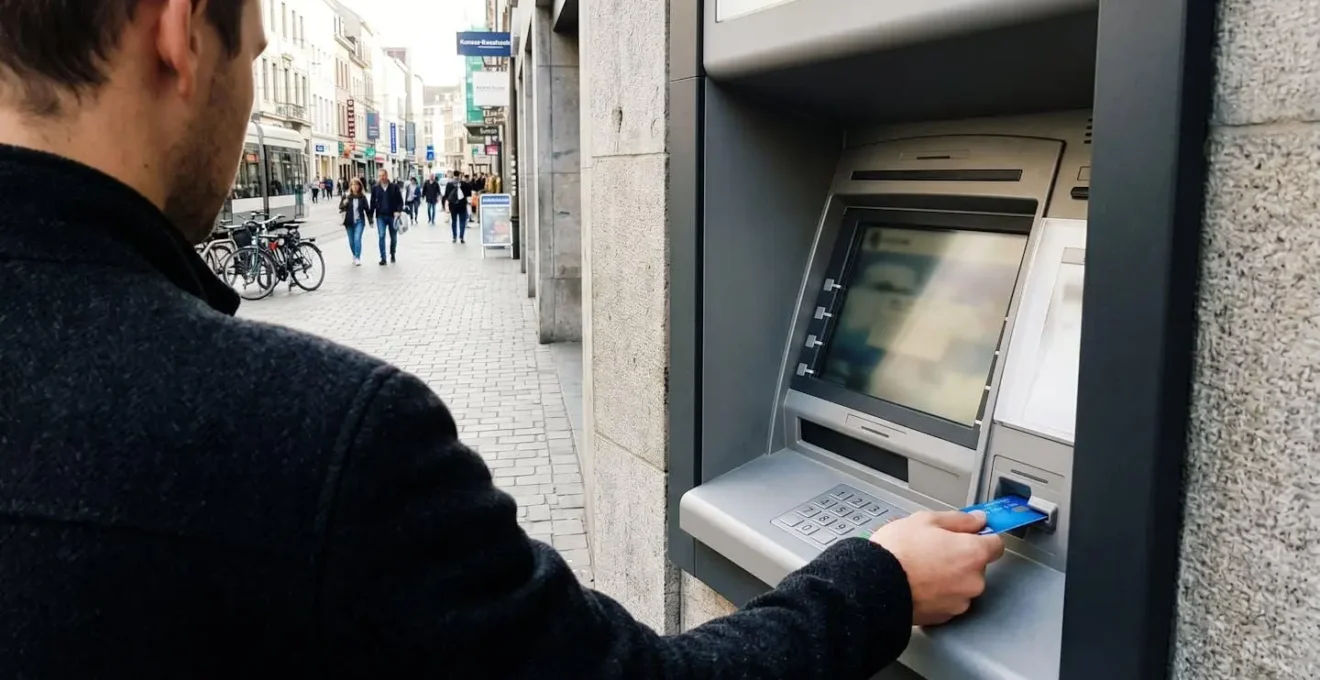 Vue de dos d'une personne insérant une carte bancaire dans un distributeur automatique moderne, en environnement urbain lumineux avec arrière-plan flouté