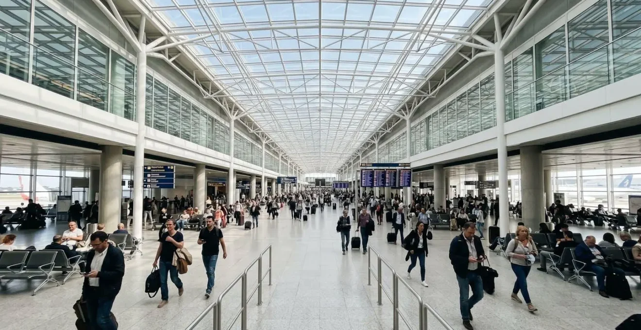 Zone d'embarquement lumineuse d'un aéroport international moderne avec grande verrière en verre, affichages électroniques de vols et espace contemporain épuré