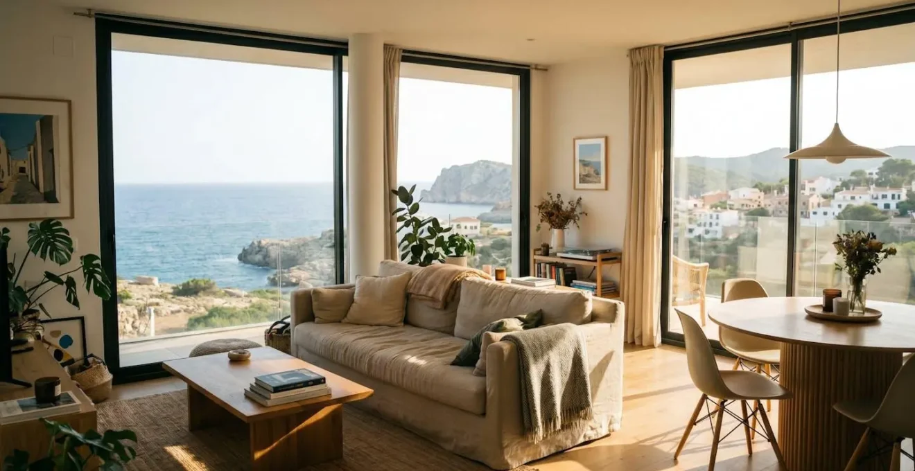 Séjour d'un appartement meublé touristique avec grande baie vitrée donnant sur la mer Méditerranée