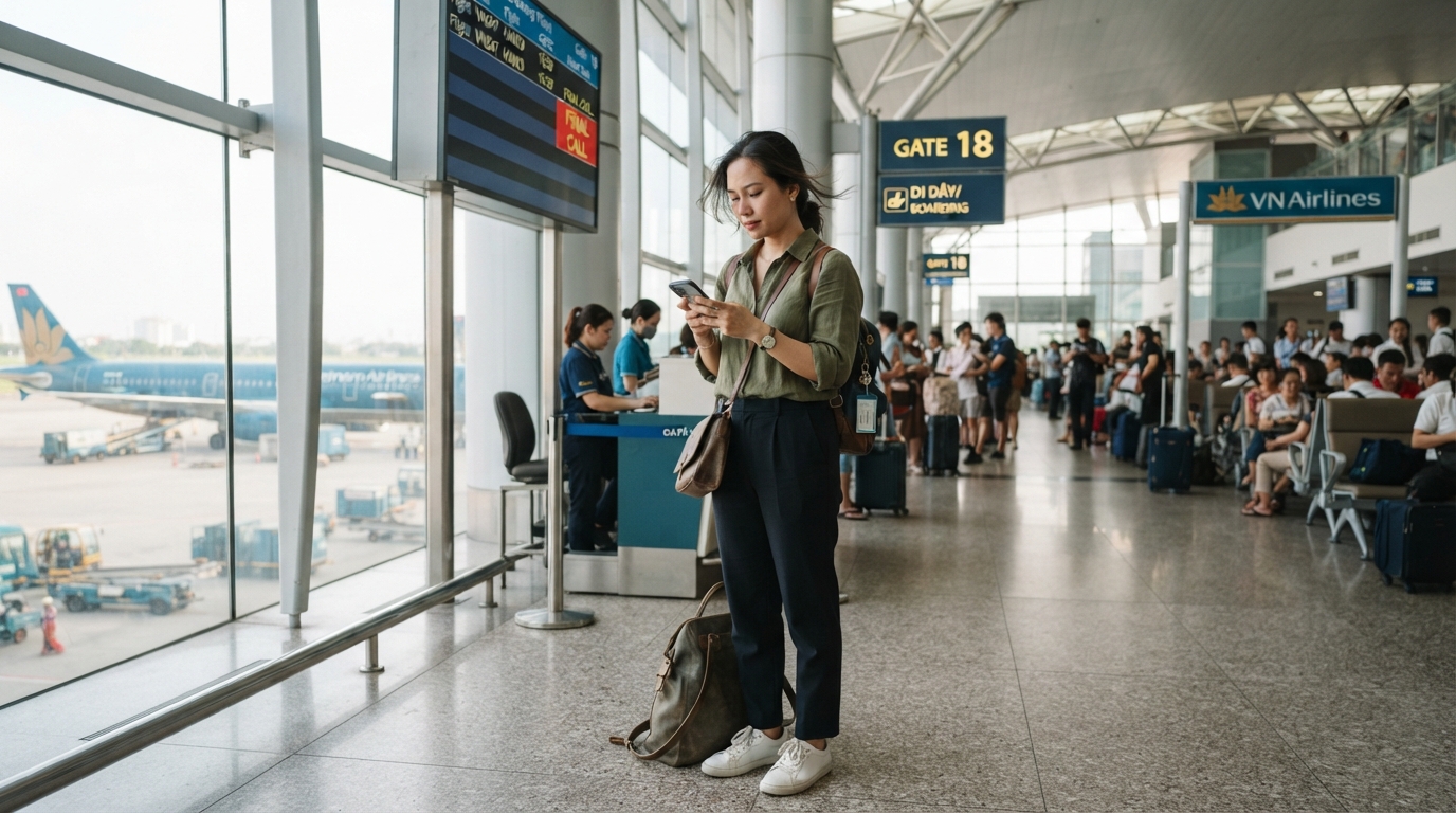 Voyageur consultant les informations de vols domestiques dans un terminal d'aéroport vietnamien