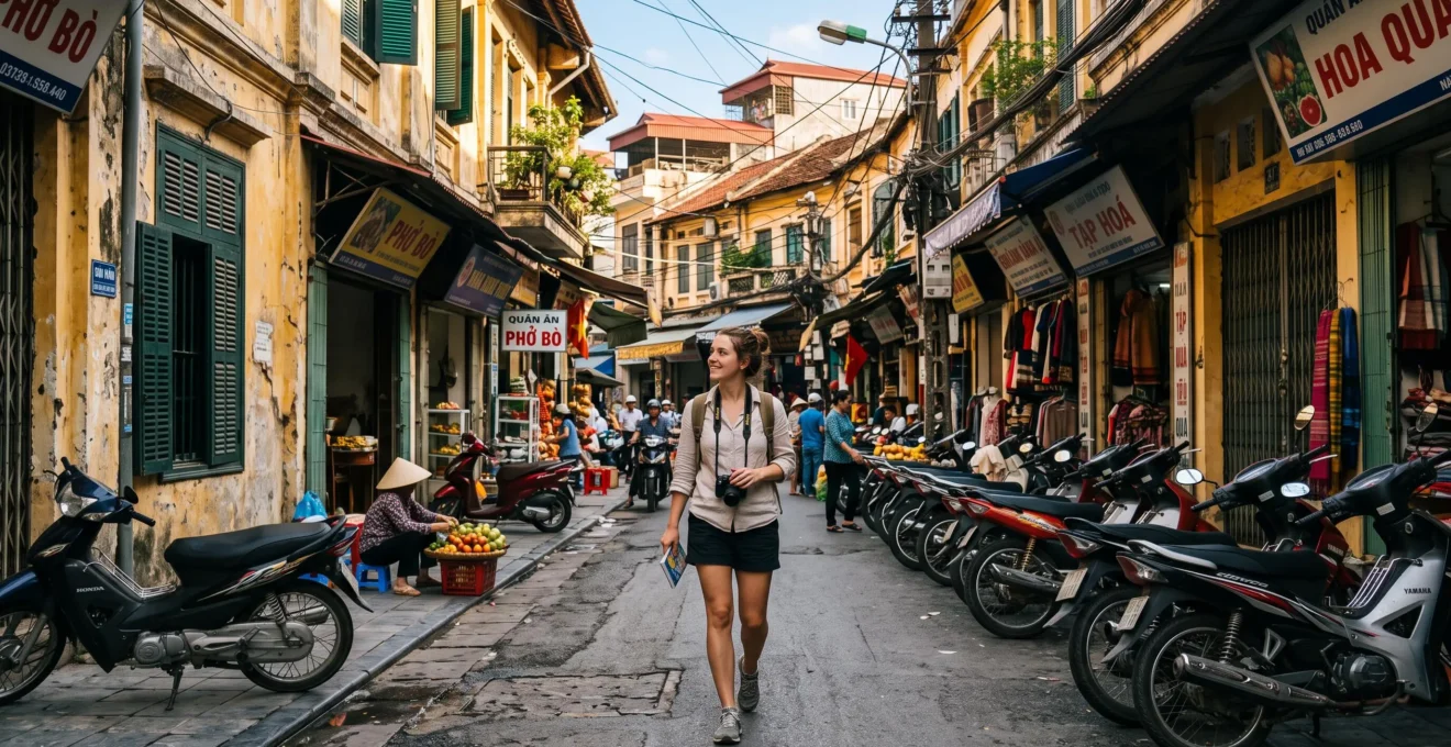 Touriste marchant dans une rue historique du vieux quartier de Hanoï avec architecture coloniale et bâtiments traditionnels
