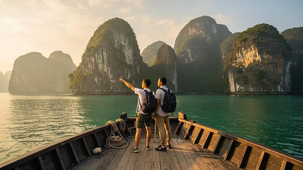 Touristes sur un bateau traditionnel en bois explorant les formations karstiques de la baie d'Halong, Vietnam