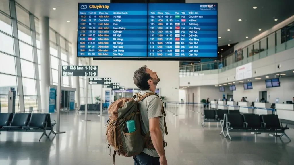 Voyageur consultant les informations de vols domestiques dans un terminal d'aéroport vietnamien