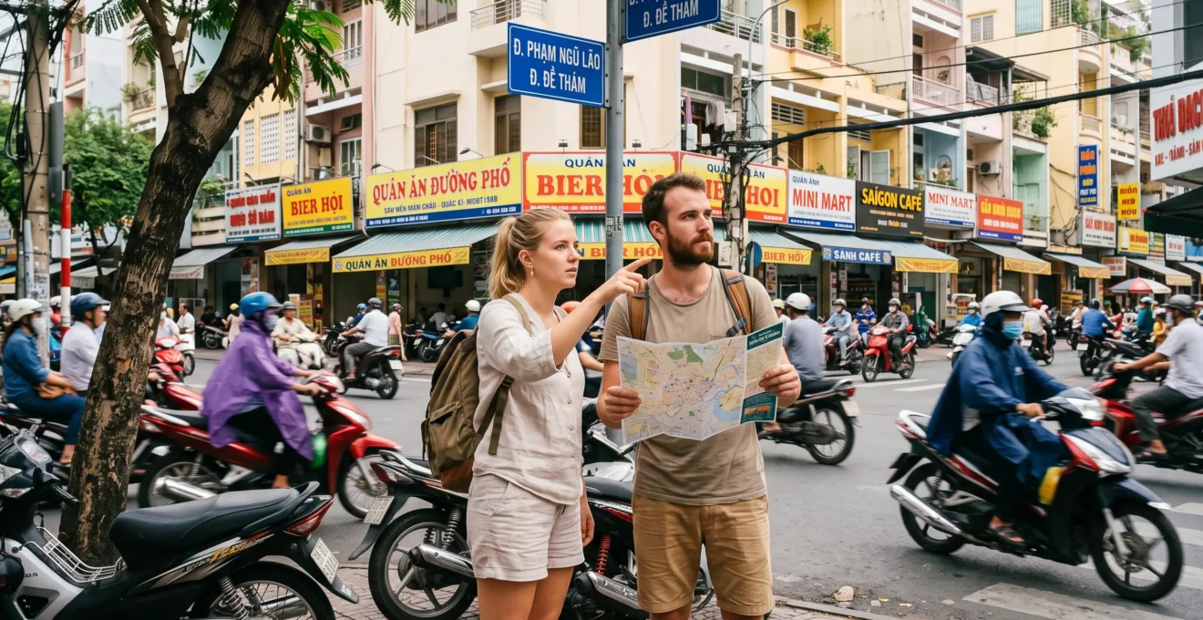 Voyageurs consultant une carte en naviguant dans les rues de Hô Chi Minh-Ville, Vietnam